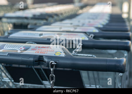 Wattrelos, Francia-gennaio 20,2019: Close-up shopping carrelli del supermercato Lidl.Lidl Stiftung & Co. KG è un tedesco globale sconto catena di supermercati. Foto Stock