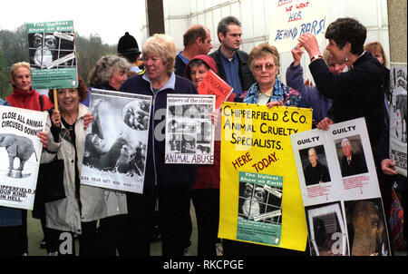 I manifestanti contro Maria Chipperfield al di fuori di Aldershot magistrati corte durante il suo periodo di prova per la crudeltà sugli animali Aprile 1999. Foto Stock