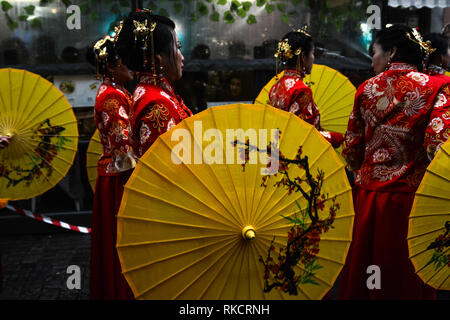 M ilan, Italia. 10 Febbraio, 2019. Milano è la celebrazione del Capodanno cinese ha avuto luogo nel febbraio 10th, segnando la transizione dall'anno del cane per il Anno del maiale. La tradizionale parata del drago attraversata la Milano di Chinatown, la più antica e la più grande comunità cinese in Italia, con un censimento di circa 25.000 persone. Credito: Laura Chiesa/Pacific Press/Alamy Live News Foto Stock