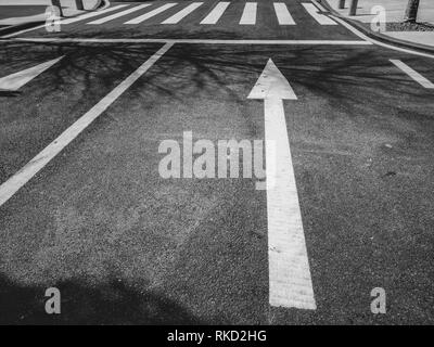 Frecce dipinte su asfalto stradale, sicurezza, in bianco e nero style Foto Stock