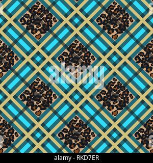 Scottish tartan verde grunge seamless pattern con leopard spots eps 10 Illustrazione Vettoriale