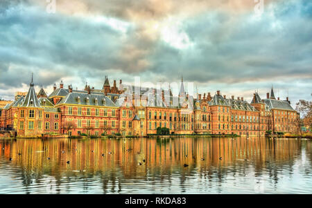 Binnenhof Palace presso il lago Hofvijver all'Aia, Paesi Bassi Foto Stock