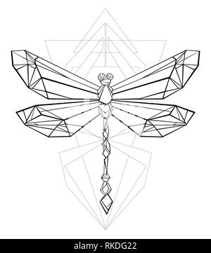 Artisticamente dipinte, nero, contorno, dragonfly poligonale con disegno geometrico su sfondo bianco. Grafica poligonale. Lo stile di tatuaggio. Illustrazione Vettoriale