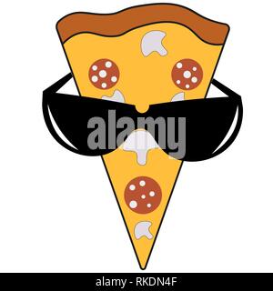 Un trancio di pizza con funghi e salsiccia in occhiali da sole logo creativo Illustrazione Vettoriale