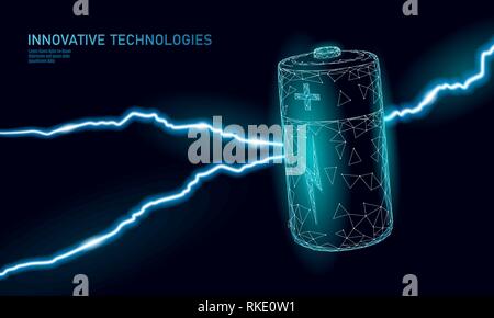 Poligonale carica batteria alcalina. Alimentazione di energia di lavoro. Minaccia pericolosa situazione. Lightning Thunder bassa poli poligono spaziale di particelle dark sky industry Illustrazione Vettoriale