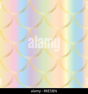 Vector golden mermaid texture di coda. Scala di Pesce seamless pattern arcobaleno sul gradiente dello sfondo. Sfondo di lusso Illustrazione Vettoriale