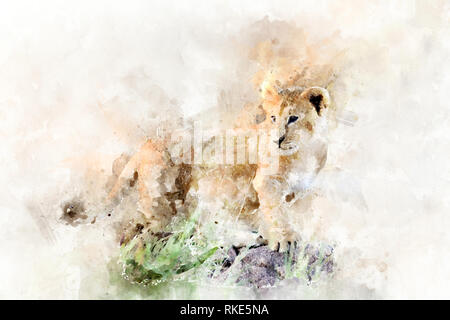 Illustrazione ad acquerello LION CUB ritratto. Bella wildlife world Foto Stock