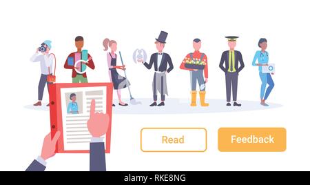 Curriculum vitae di assunzione di posizione di lavoro mani CV scegliendo Profilo candidato dal diverso mix di occupazione dei lavoratori di gara gruppo isolato piatta Illustrazione Vettoriale