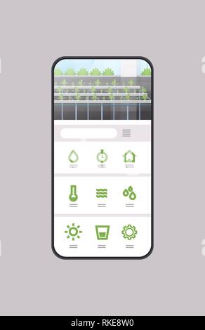 Controllo intelligente del sistema di allevamento di applicazione mobile hydroponic organico piante verdi coltivazione filari agriturismo serra smartphone tecnologia verticale dello schermo Illustrazione Vettoriale