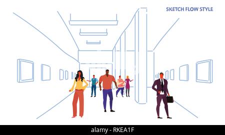 I turisti che cercano la galleria d'arte moderna mix gara ai visitatori la visione presenta dipinti di arte contemporanea di opere d'arte museo hall schizzo interno stile di flusso Illustrazione Vettoriale