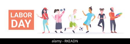 Il labor day poster persone di diverse attività professionale holiday celebrazione concetto insieme permanente isolato piana banner orizzontale Illustrazione Vettoriale