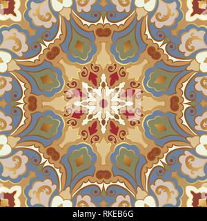 Vettore di Seamless pattern con mandala colorati. Orientale ornamento luminoso con contorno in oro. Illustrazione Vettoriale