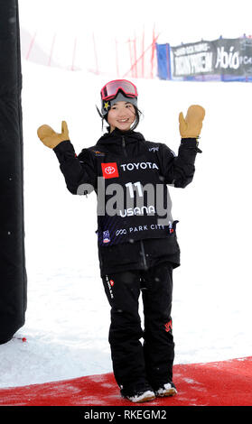 Park City, Utah, Stati Uniti d'America. 10 Febbraio, 2019. Il quinto posto del Giappone Reira Iwabuchi reagisce durante il FIS Campionati Mondiali di Snowboard 2019 Donna Slopestyle cerimonia di premiazione presso il Park City Mountain Resort in Park City, Utah, Stati Uniti, 10 febbraio 2019. Credito: Hiroyuki Sato/AFLO/Alamy Live News Foto Stock
