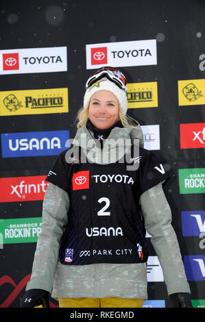 Park City, Utah, Stati Uniti d'America. 10 Febbraio, 2019. Medaglia d'argento della Norvegia Silje Norendal festeggia sul podio durante la FIS Campionati Mondiali di Snowboard 2019 Donna Slopestyle cerimonia di premiazione presso il Park City Mountain Resort in Park City, Utah, Stati Uniti, 10 febbraio 2019. Credito: Hiroyuki Sato/AFLO/Alamy Live News Foto Stock