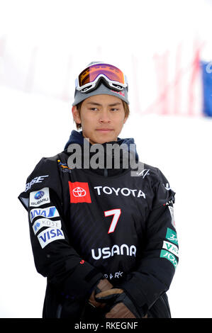 Park City, Utah, Stati Uniti d'America. 10 Febbraio, 2019. Il quinto posto del Giappone Takeru Otsuka reagisce durante il FIS Campionati Mondiali di Snowboard 2019 Uomini Slopestyle cerimonia di premiazione presso il Park City Mountain Resort in Park City, Utah, Stati Uniti, 10 febbraio 2019. Credito: Hiroyuki Sato/AFLO/Alamy Live News Foto Stock