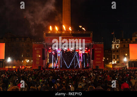 Londra, UK, 10 febbraio, 2019. La celebrazione del Capodanno cinese a Trafalgar Squaren Londra, Regno Unito. Alamy/Harishkumar Shah Foto Stock