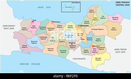 Jawa Tengah, Java Centrale politica e amministrativa di mappa vettoriale, Indonesia Illustrazione Vettoriale