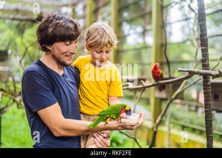Ded e figlio di alimentare il pappagallo nel parco. Trascorrere il tempo con i bambini del concetto. Foto Stock