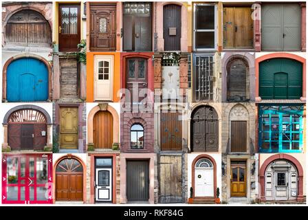 Collage di sportelli europei di diverse dimensioni da diverse età Foto Stock