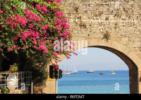 Dettaglio della porta medievale della città e mura di fortificazione con fiori di bouganville. Vecchia città di Rodi, Dodecanneso, Grecia Foto Stock