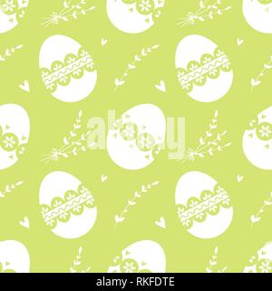 Pasqua verde seamless pattern con uova decorate e rametti. Foto Stock