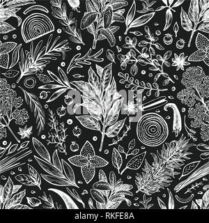 Le erbe aromatiche e le spezie seamless pattern. Sfondo vettoriali per la Progettazione menu, imballaggio, ricette, etichetta, azienda prodotti sul mercato. Disegnata a mano vintage illustrazione botanica su chalk board. Illustrazione Vettoriale