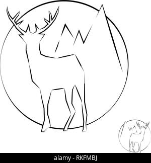 Schizzo di vettore di un elegante icona di contorno con un cervo su uno sfondo di montagne, per interni, design, biglietti da visita, pubblicità. Illustrazione Vettoriale