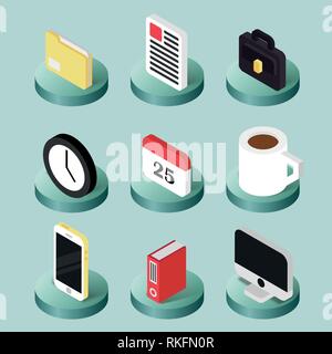 Piatto per ufficio isometrica Icone. Illustrazione vettoriale EPS, 10 Illustrazione Vettoriale