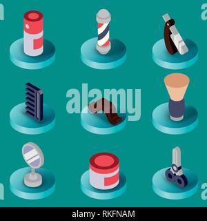 Barbiere piatto set isometrica. Barbiere di design. Illustrazione vettoriale EPS, 10 Illustrazione Vettoriale