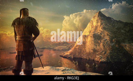 Viking warrior sull'alta rupe guarda le navi sul mare. 3D render illustrazione con neve, la montagna e il mare. Foto Stock