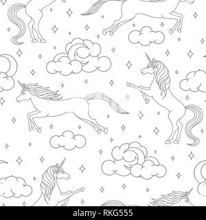 Vector cartoon unicorn seamless pattern su sfondo bianco. Creature magiche delineare con stelle, lune e nuvole. Carino illustrazione per bambini. Illustrazione Vettoriale