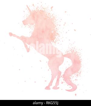 Acquerello unicorn silhouette pittura con texture splash isolati su sfondo bianco. Carino rosa magia creatura illustrazione vettoriale. Illustrazione Vettoriale