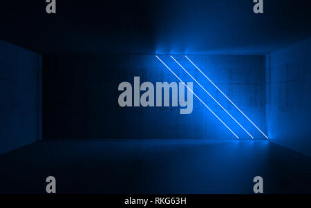 Abstract vuoto scuri interni in calcestruzzo con diagonale di tre luci al neon blu, 3D Rendering immagine Foto Stock