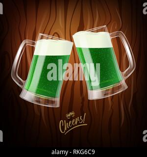 Due tazze con birra verde, bicchieri tintinnanti, San Patrizio giorno simbolo Illustrazione Vettoriale