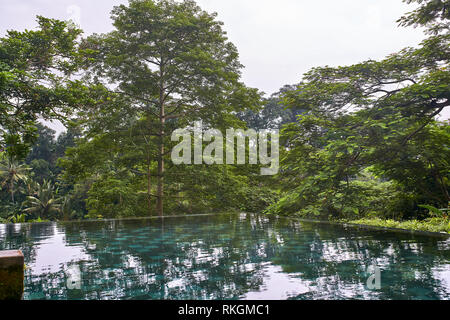 Splendida piscina esterna con acqua blu sullo sfondo della giungla verde e cielo molto nuvoloso in Ubud a Bali. Il suo fondo è piastrellato con mosaico. Foto Stock