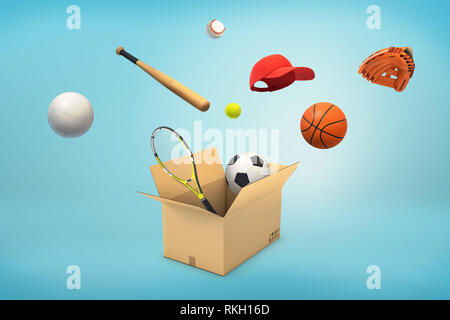 Molti palloni da basket volanti arancioni cadono su sfondo blu. rendering  3d di accessori sportivi per giochi di squadra, esercizi e competizioni  Foto stock - Alamy