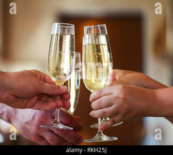 Celebrazione. Persone azienda bicchieri di champagne facendo un brindisi Foto Stock