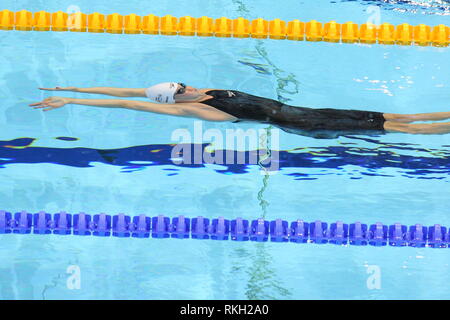 British Gas Mondiali di Nuoto - Elizabeth Simmonds (1° posto), Stephanie fiero (2nd), Karley Mann 3a competere in campo femminile 200m dorso finale alla Olympic Park Aquatic Centre, Stratford London 9 Marzo 2012 --- Image by © Paolo Cunningham Foto Stock