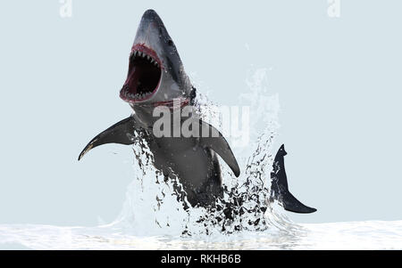 3d illustrazione grande squalo bianco salta fuori dell'acqua con tracciato di ritaglio Foto Stock