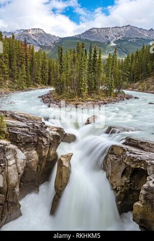 Cascata Sunwapta Falls, a Icefields Parkway, Sunwapta Fiume, Parco Nazionale di Jasper, montagne rocciose, Alberta, Canada Foto Stock