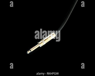 Metallo Argento connettore jack di audio nero cavo strumentale isolati su sfondo bianco di close-up Foto Stock