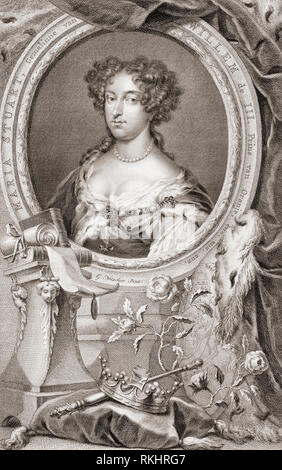 Maria II, 1662 - 1694. Regina d'Inghilterra, Scozia e Irlanda, co-regnante con suo marito re Guglielmo III Dall'edizione del 1813 di The Heads of Illustrious Persons of Great Britain, inciso da Mr. Houbraken e Mr. Vertue con le loro vite e i loro personaggi. Foto Stock