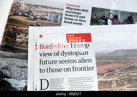"Trump vista del futuro dystopian sembra estranea a quelle sulla frontiera' quotidiano Guardian articolo 2019 Londra Inghilterra REGNO UNITO Foto Stock