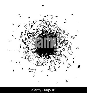 Esplosione nuvola di pedine nere. Particelle taglienti casualmente volare in aria. Illustrazione Vettoriale