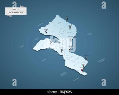Isometrica, 3D Mozambico mappa, illustrazione vettoriale con città, frontiere, capitale, divisioni amministrative e i contrassegni del puntatore; gradiente dello sfondo blu. Illustrazione Vettoriale