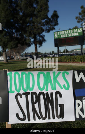 Thousand Oaks, Ventura County, California, Stati Uniti d'America. Xi Febbraio, 2019. Una protesta pacifica della scuola docenti, studenti, genitori e comunità di fronte Thousand Oaks High School nel febbraio 11, 2019 in segno di protesta contro la Chiesa Westboro. I manifesti sono stati collocati intorno al highschool per mostrare il loro sostegno per il highshool, ai limiti di norma vittime, applicazione della legge e la comunità in generale. (© Jesse Watrous) Credito: Jesse Watrous/Alamy Live News Foto Stock