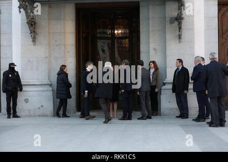 Quim Torra, presidente della Generalitat, entra la suprema senza fare dichiarazioni. La camera penale della Corte Suprema inizia questo Martedì, 12 Febbraio a giudicare 12 leader di indipendenza dalla cosiddetta "procés' in Catalogna. Cordon premere Foto Stock