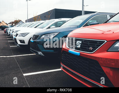 Strasburgo, Francia - 7 Nov 2017: fila di autovetture nuove in vendita grande magazzino in ampio Parcheggio - Sede auto inventario del concessionario Foto Stock