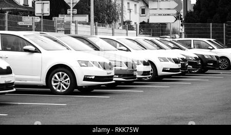 Strasburgo, Francia - 7 Nov 2017: fila di autovetture nuove in vendita grande magazzino in ampio parcheggio - vettura francese in giacenza presso il concessionario - bianco e nero Foto Stock