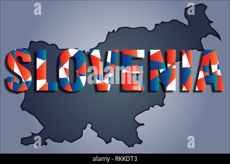 I contorni del territorio della Slovenia nei colori grigio e word in Slovenia a colori del oficial, bandiera rossa, blu, bianco Foto Stock